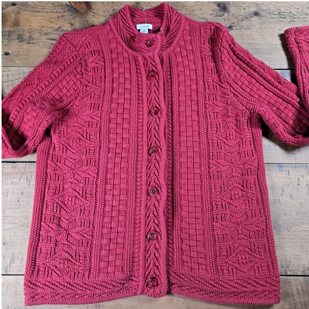 LL Bean Red Cotton Cable Knit Cardigan Sweater Mock Neck Womens Petite Medium